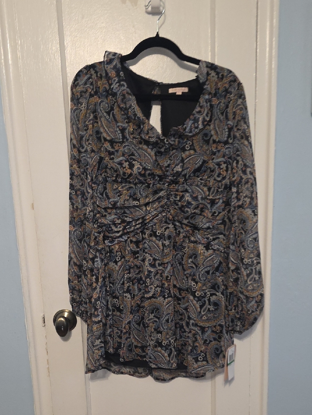City Studio Navy & Tan Paisley Ruched Front Long Sleeve Blouse
